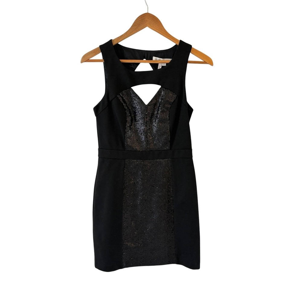 BCBGeneration Sequin Bodycon Dress Womens 6 Black Cutout Sweetheart Party‎